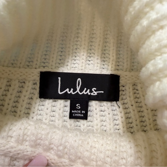 Lulu’s Ivory Cropped Turtleneck Sweater w/ Fringe Hem & Stud Detail | Size Small - Picture 3 of 5